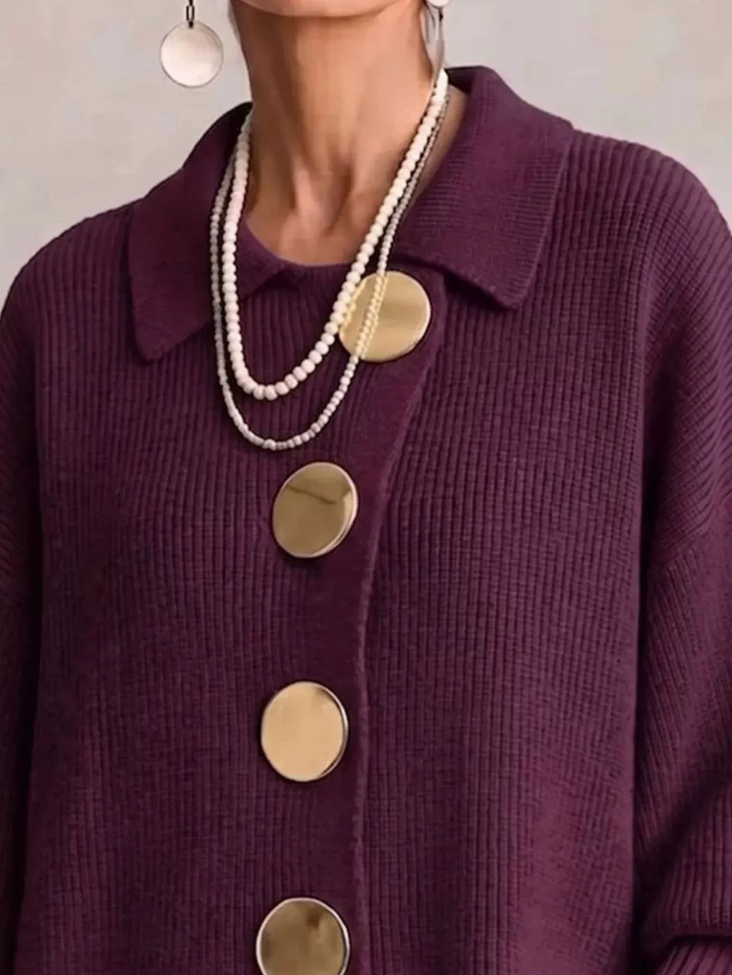 Full Size Gold Buttons Lantern Sleeve Cardigan Plus Size