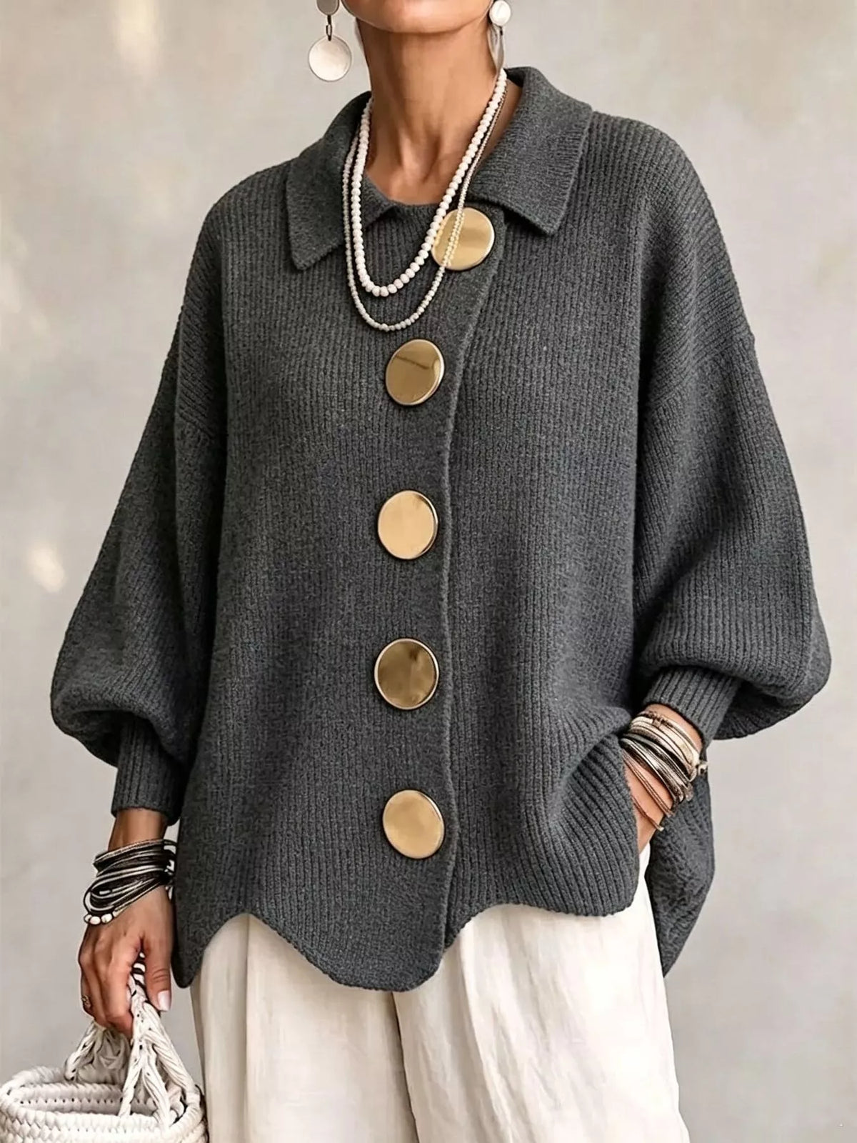 Full Size Gold Buttons Lantern Sleeve Cardigan Plus Size - Dark Gray