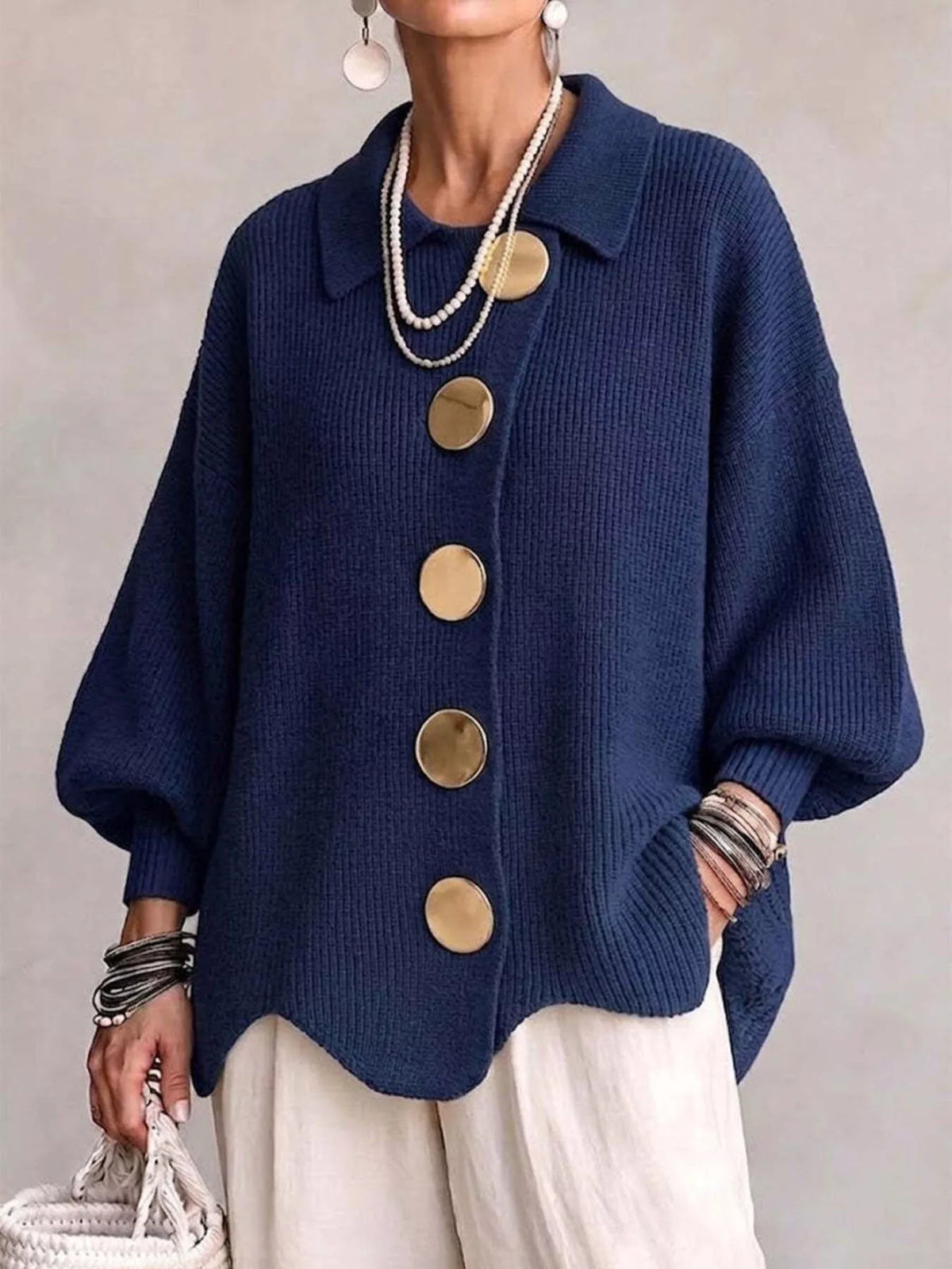 Full Size Gold Buttons Lantern Sleeve Cardigan Plus Size - Navy