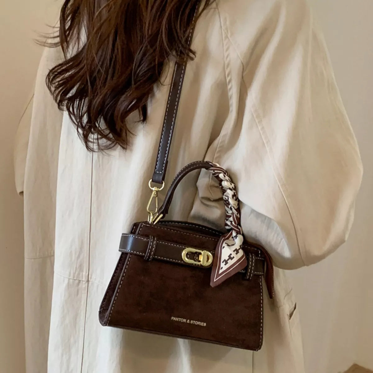 Suede Mini Crossbody Bag with Leather Strap - Brown