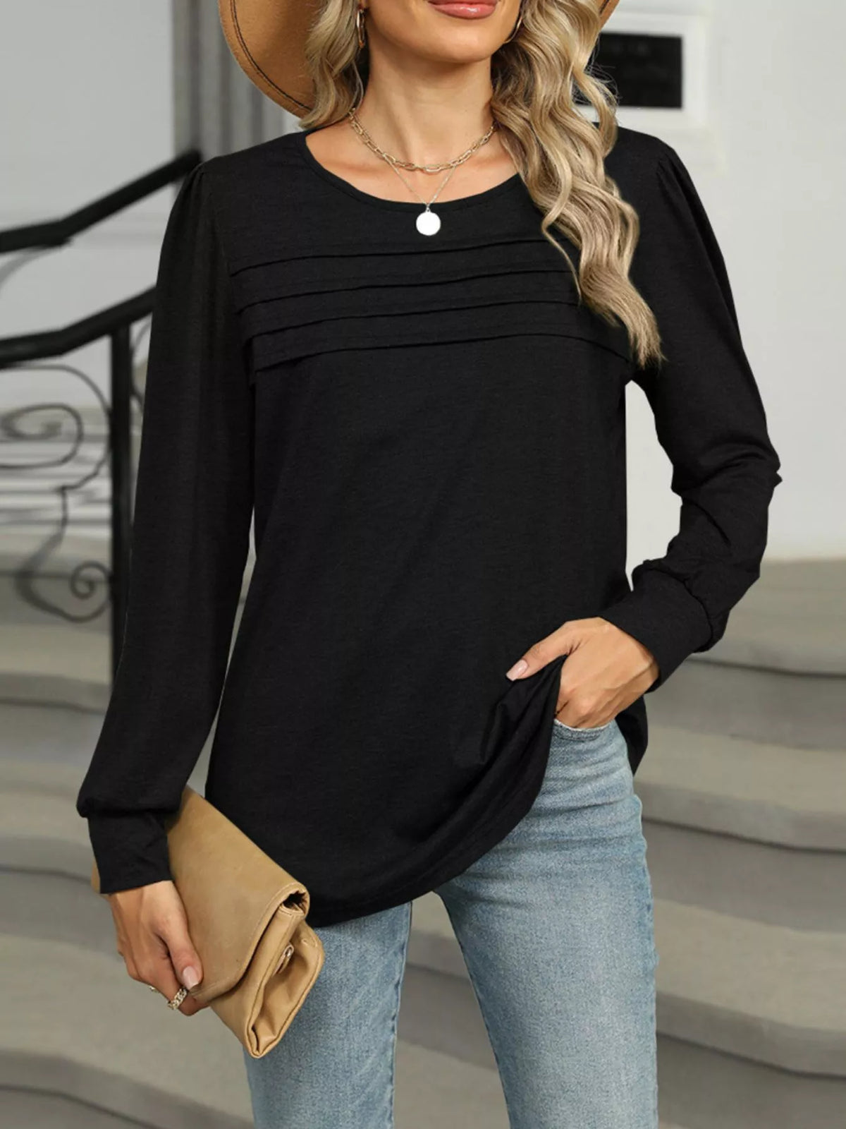 Long Sleeve Round Neck T-Shirt - Black