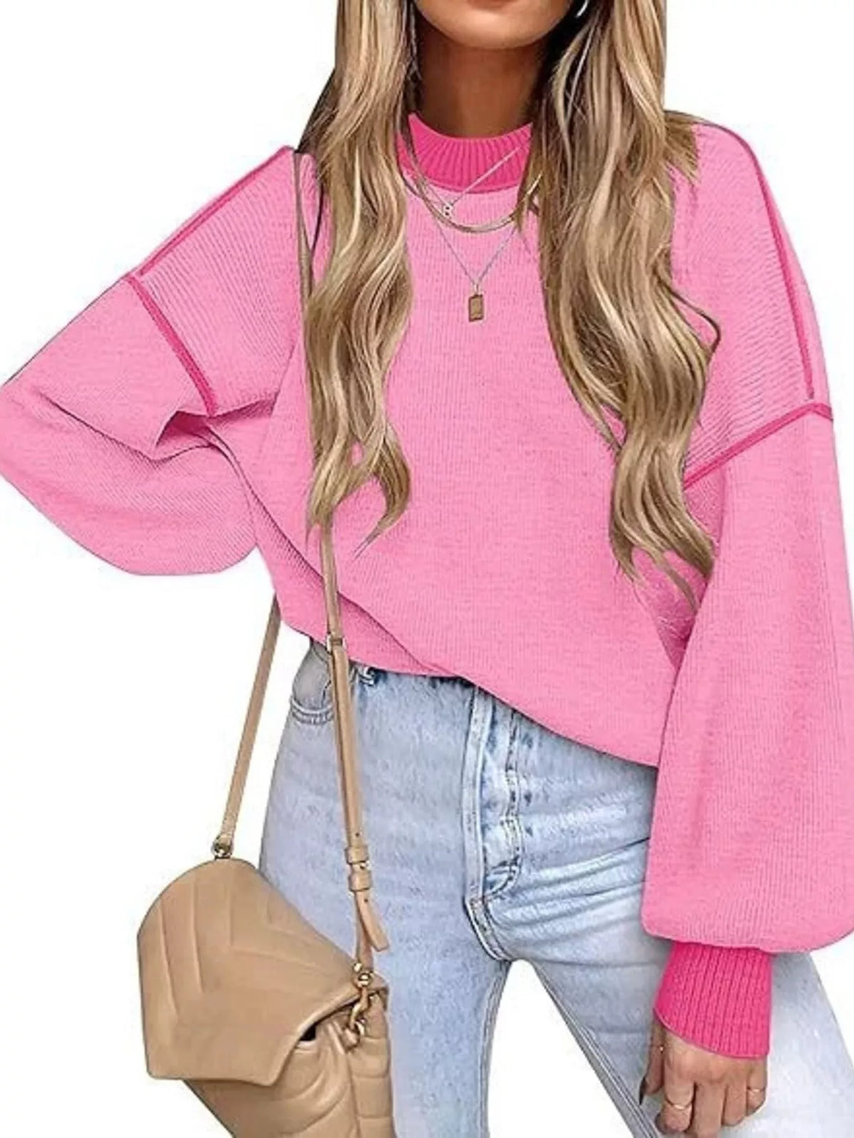 Round Neck Dropped Shoulder Sweater - Pink
