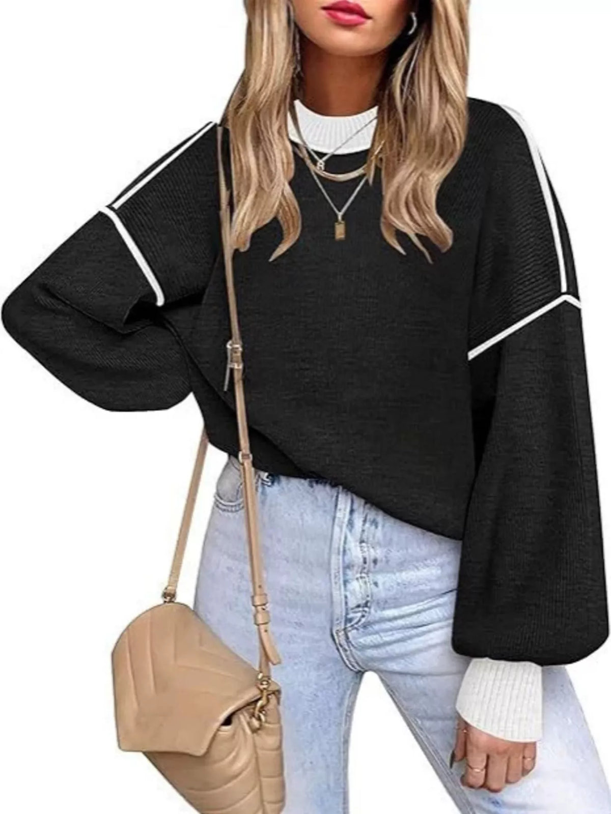 Round Neck Dropped Shoulder Sweater - Black