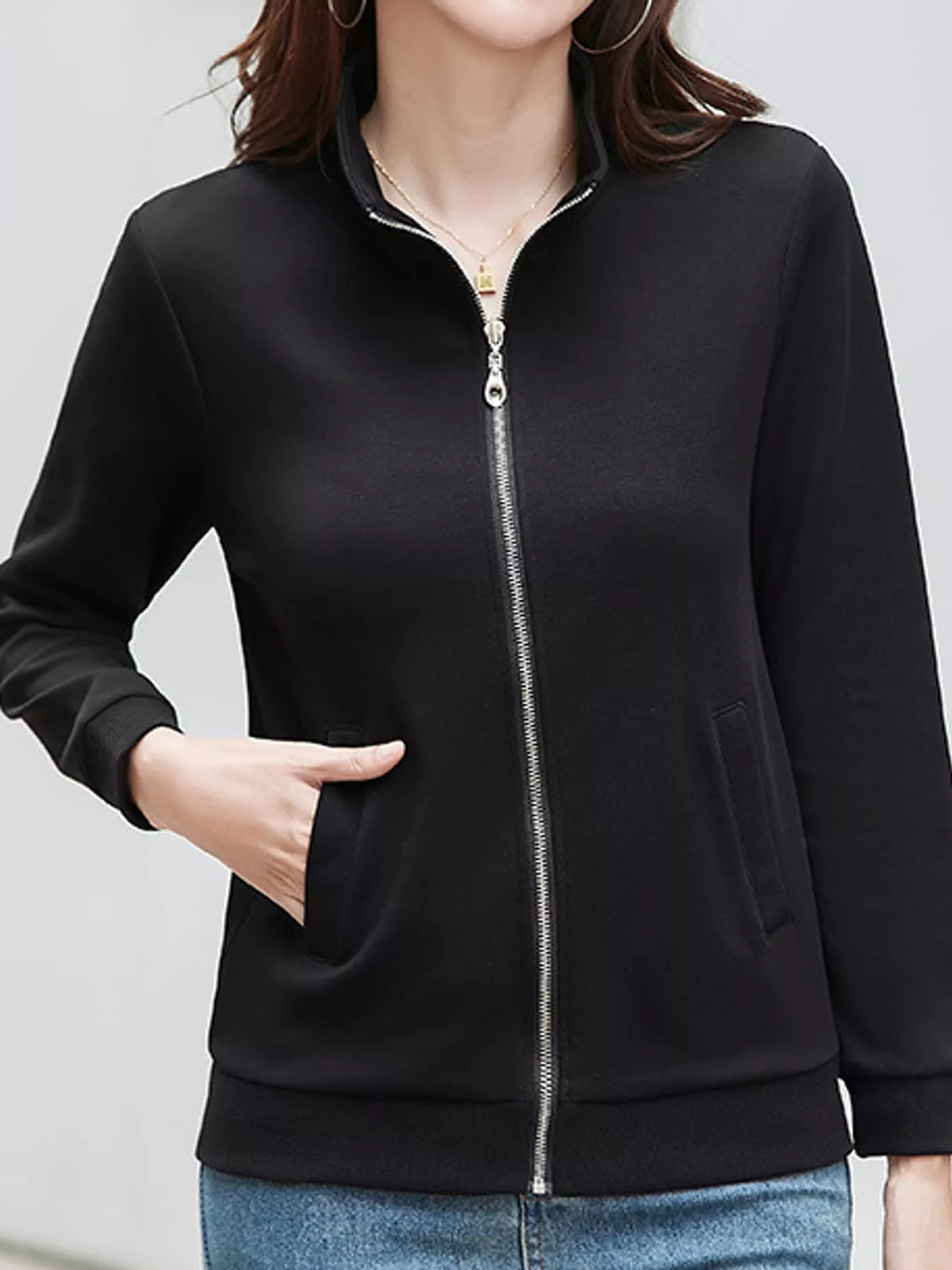 Full Size Stand-Collar Zip-Up Sweatshirt Plus Size - Black
