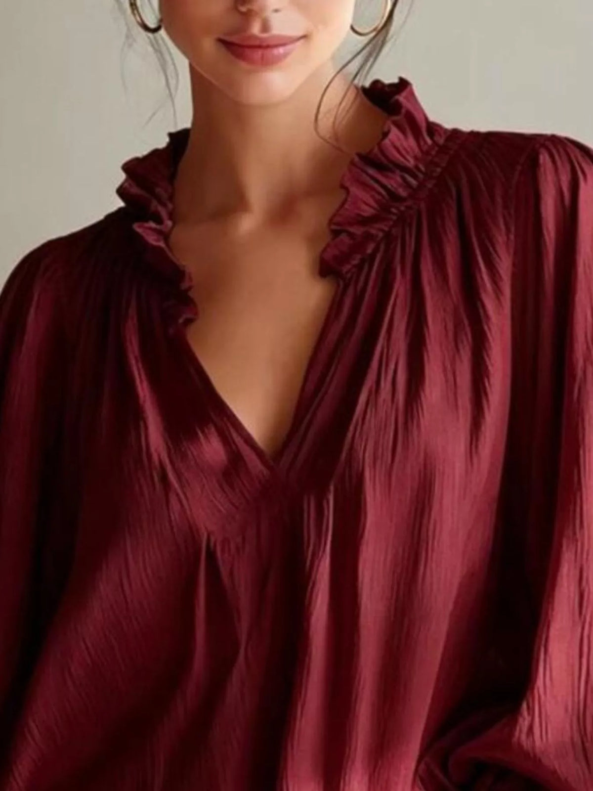 Frill Notched Long Sleeve Blouse