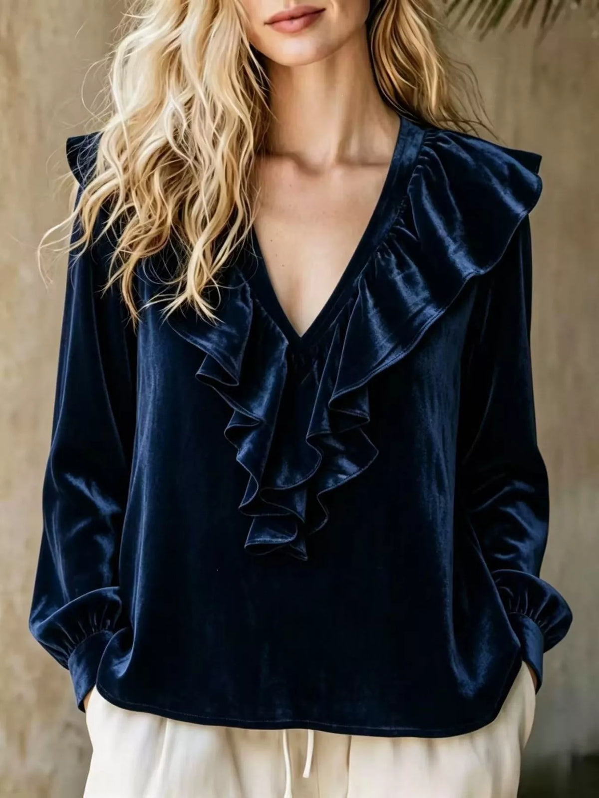 Full Size Velvet Ruffle V-Neck Blouse Plus Size - Dark Navy