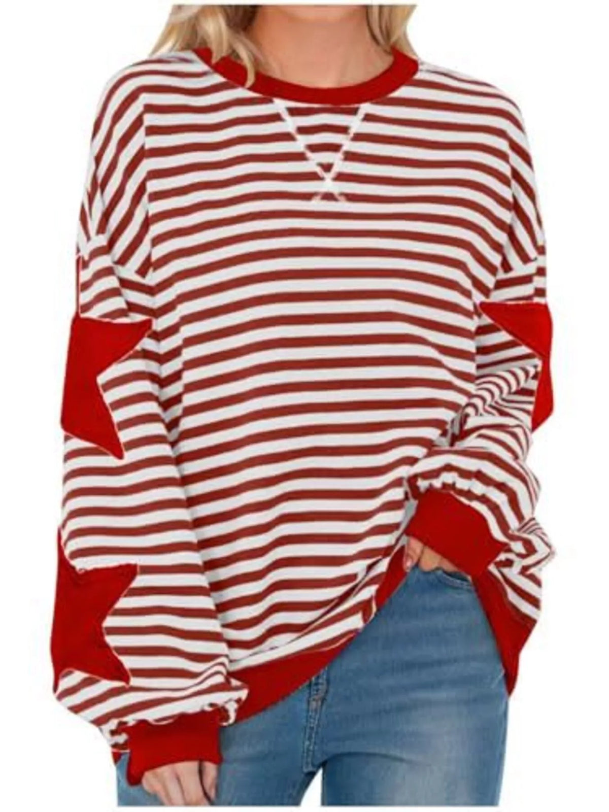 Full Size Star Patch Striped Oversized Sweatshirt Plus Size - Red
