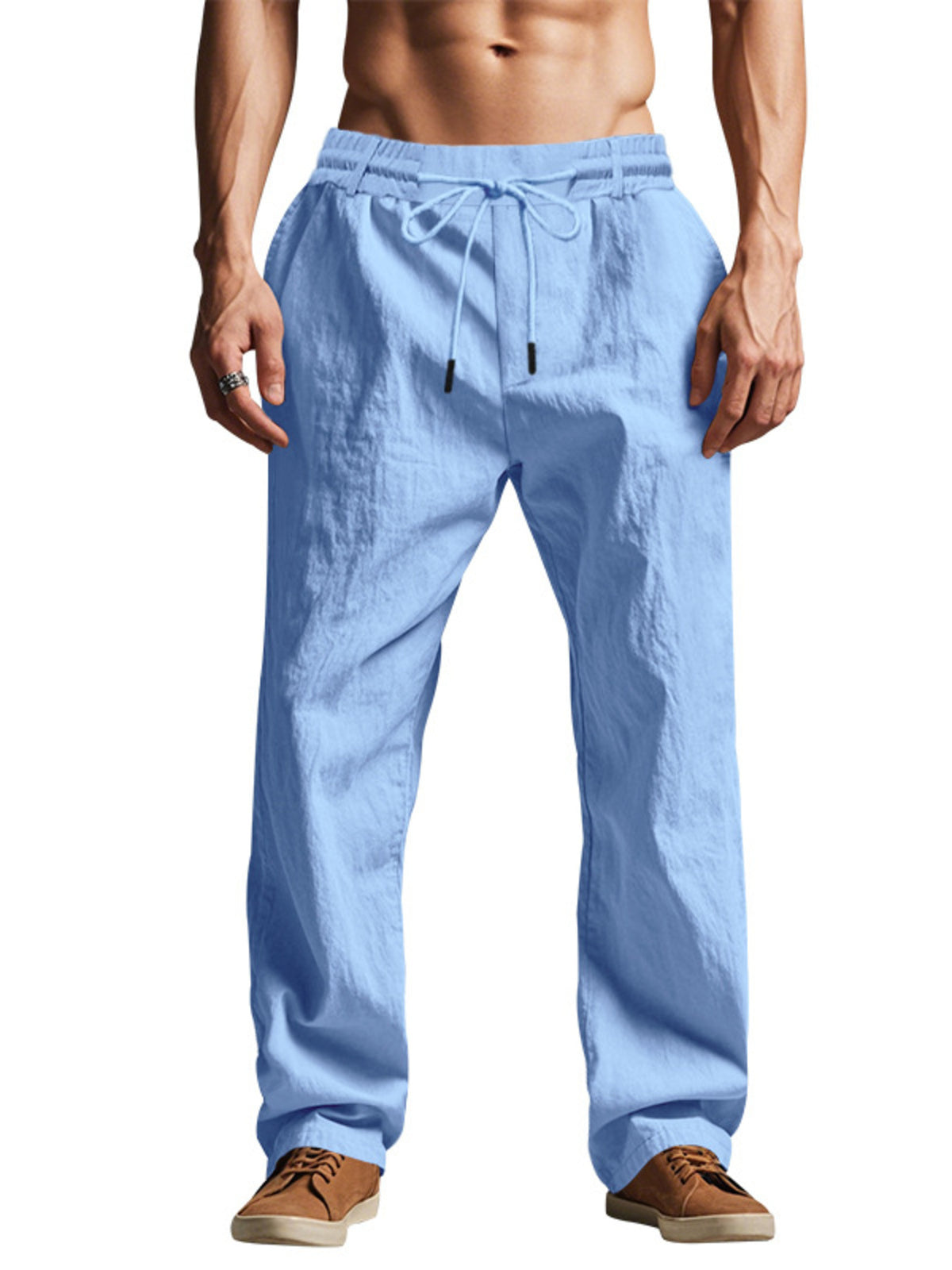 Men's Full Size Drawstring Elastic Waist Loose Fit Pants Plus Size - Light Blue