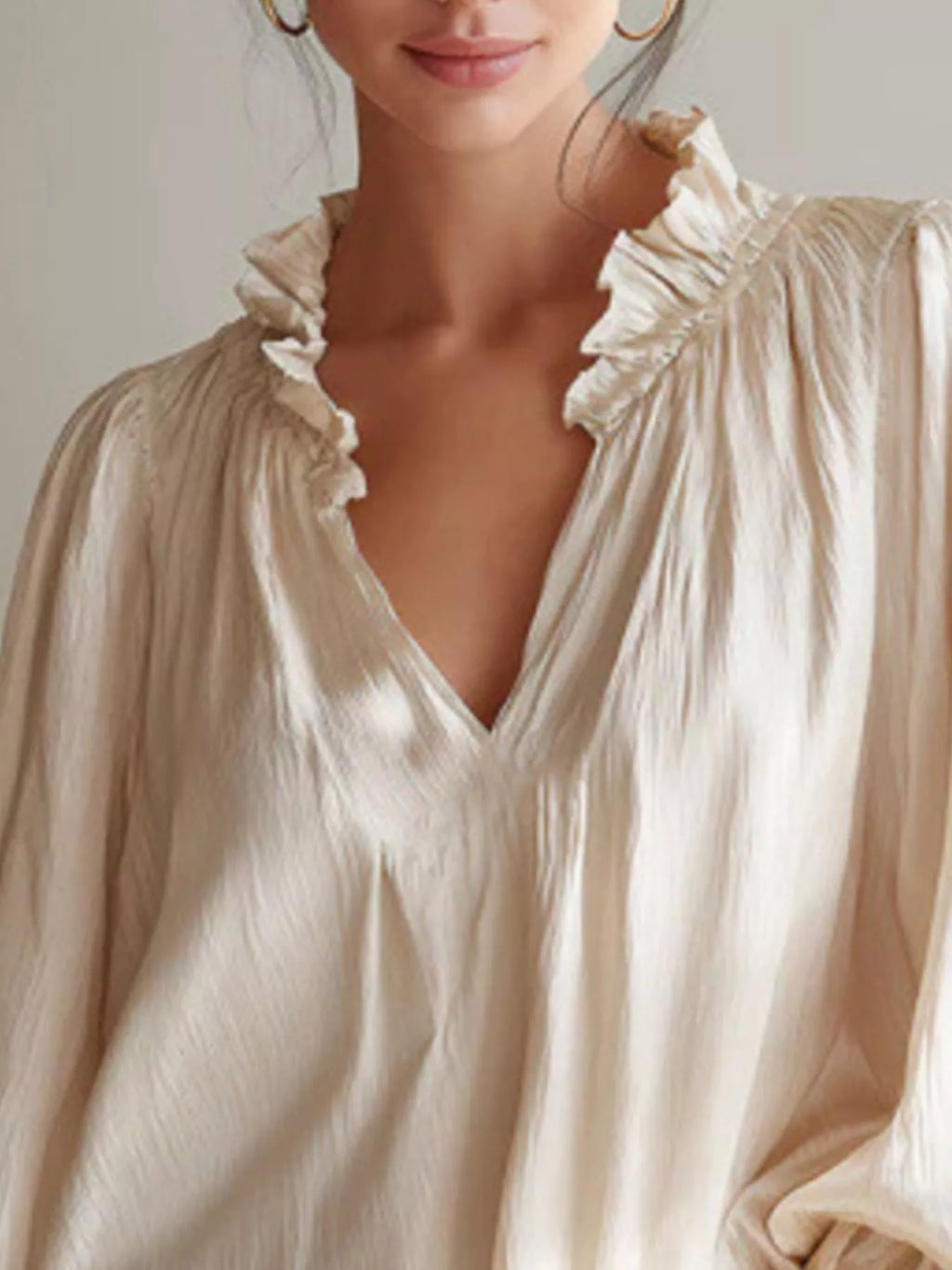 Frill Notched Long Sleeve Blouse