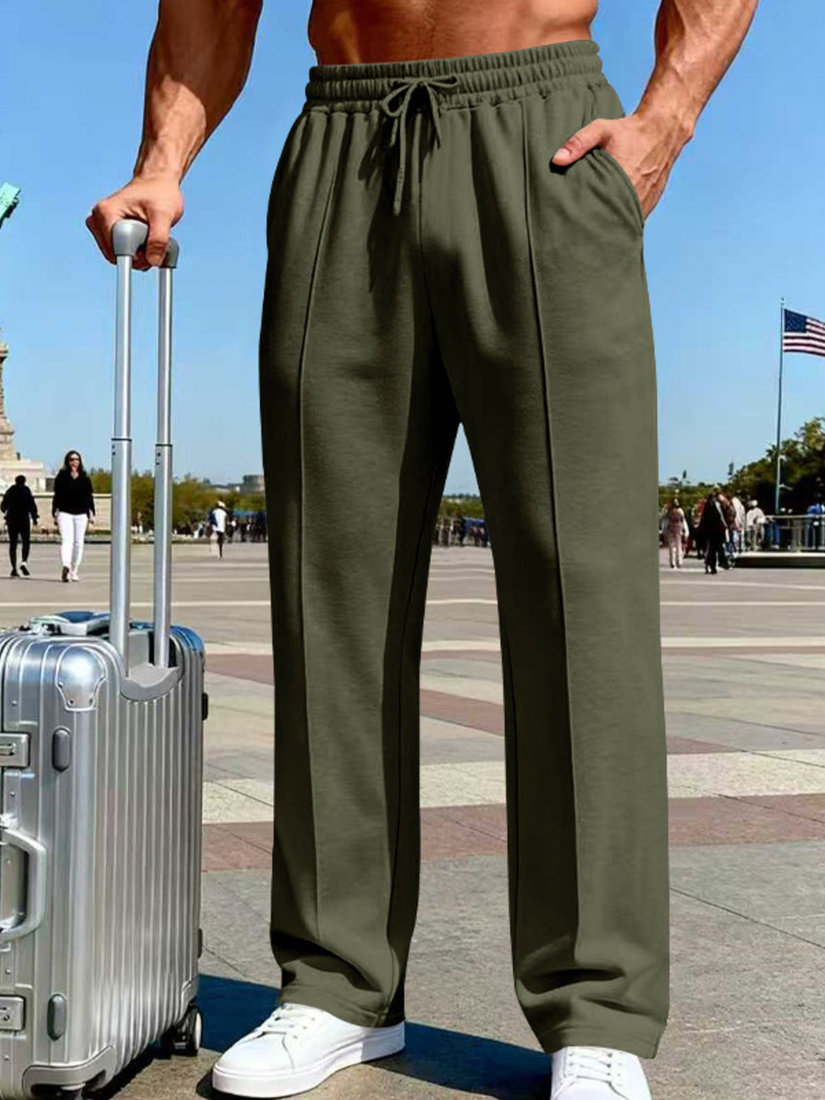 Men's Full Size Drawstring Wide Leg Pants Plus Size - Army Green