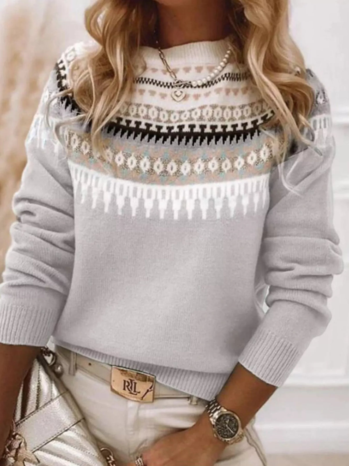 Full Size Vintage Patterned Round Neck Sweater Plus Size - Light Gray