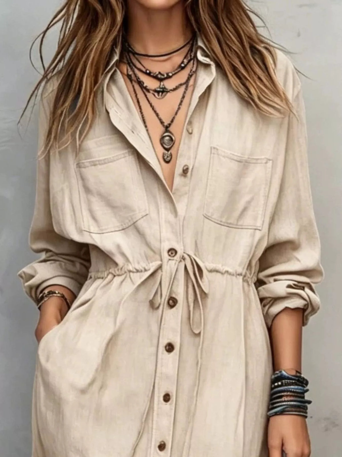 Full Size Button Front Long Sleeve Shirt Dress Plus Size