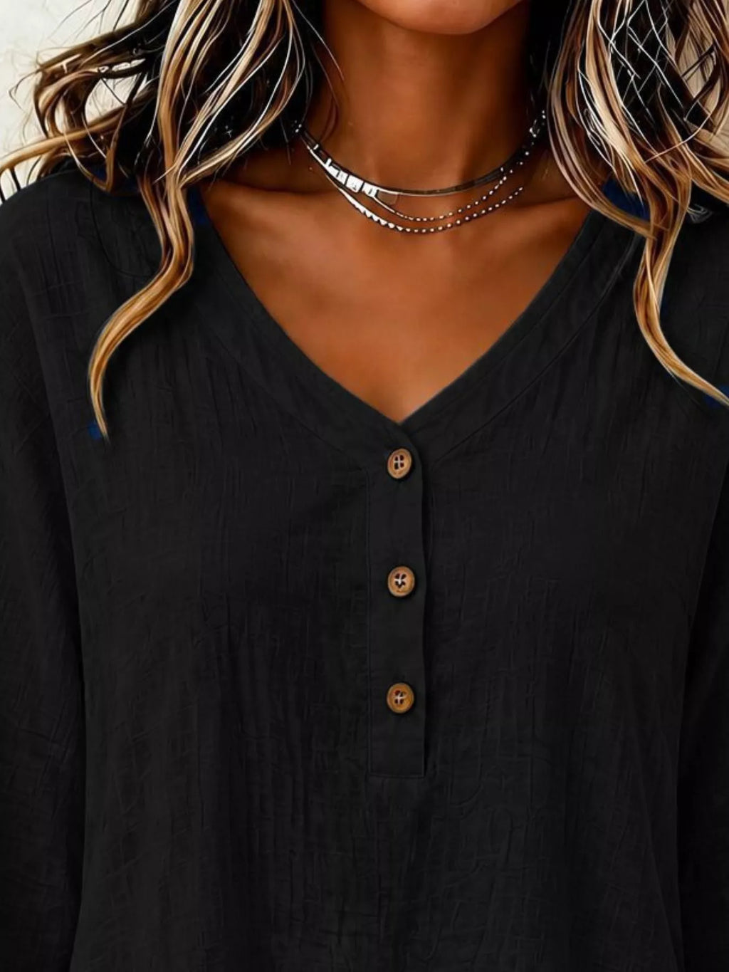 V-Neck Long Sleeve Button Detail Ruffled Hem Blouse