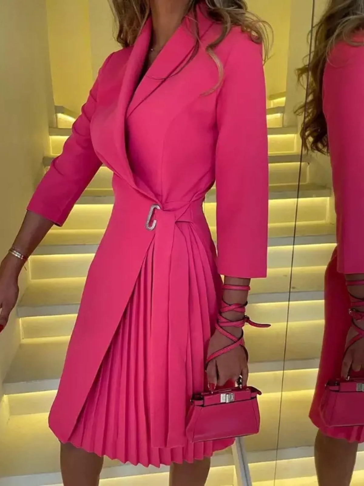 Blazer Style Pleated Midi Dress - Cerise