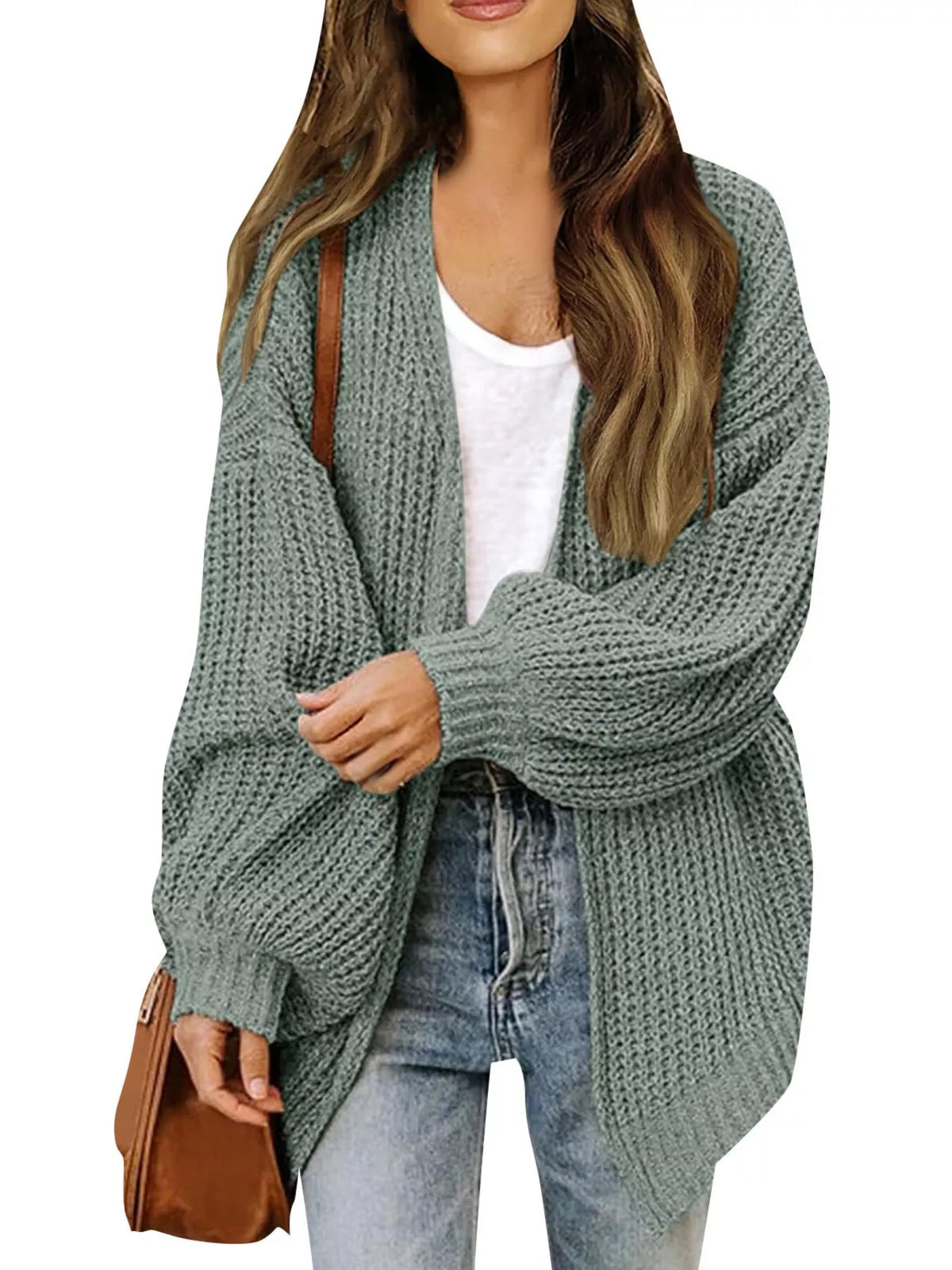 Open-Front Chunky Knit Cardigan - Bean Green