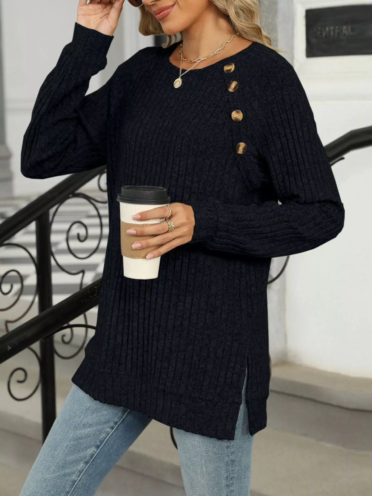 Round Neck Side Slit Ribbed Knit Top with Asymmetric Button Detail - Black