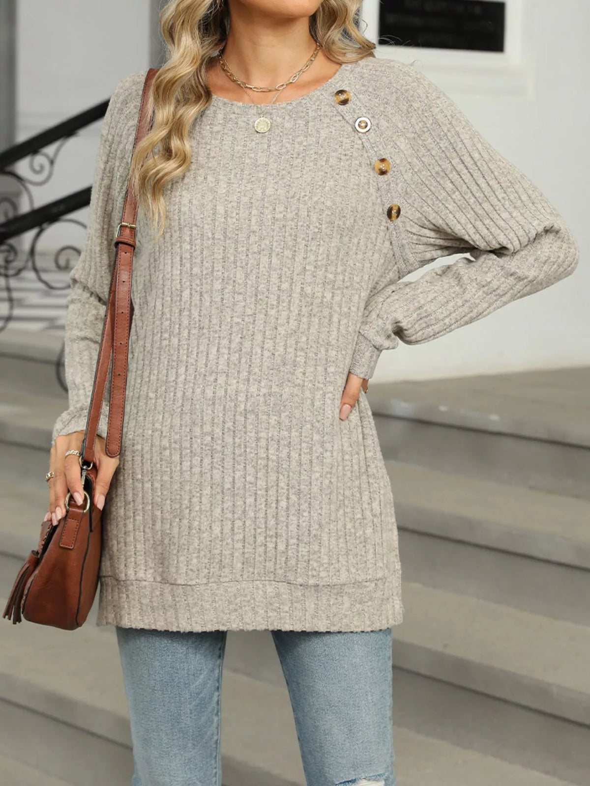 Round Neck Side Slit Ribbed Knit Top with Asymmetric Button Detail