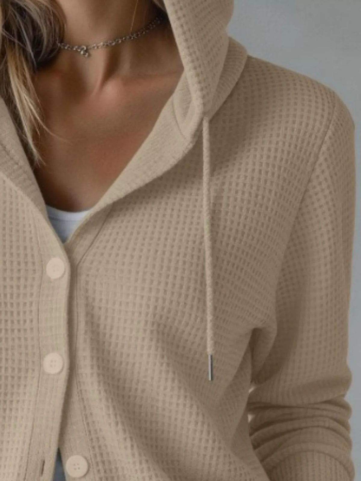 Waffle Knit Button-Down Hooded Cardigan