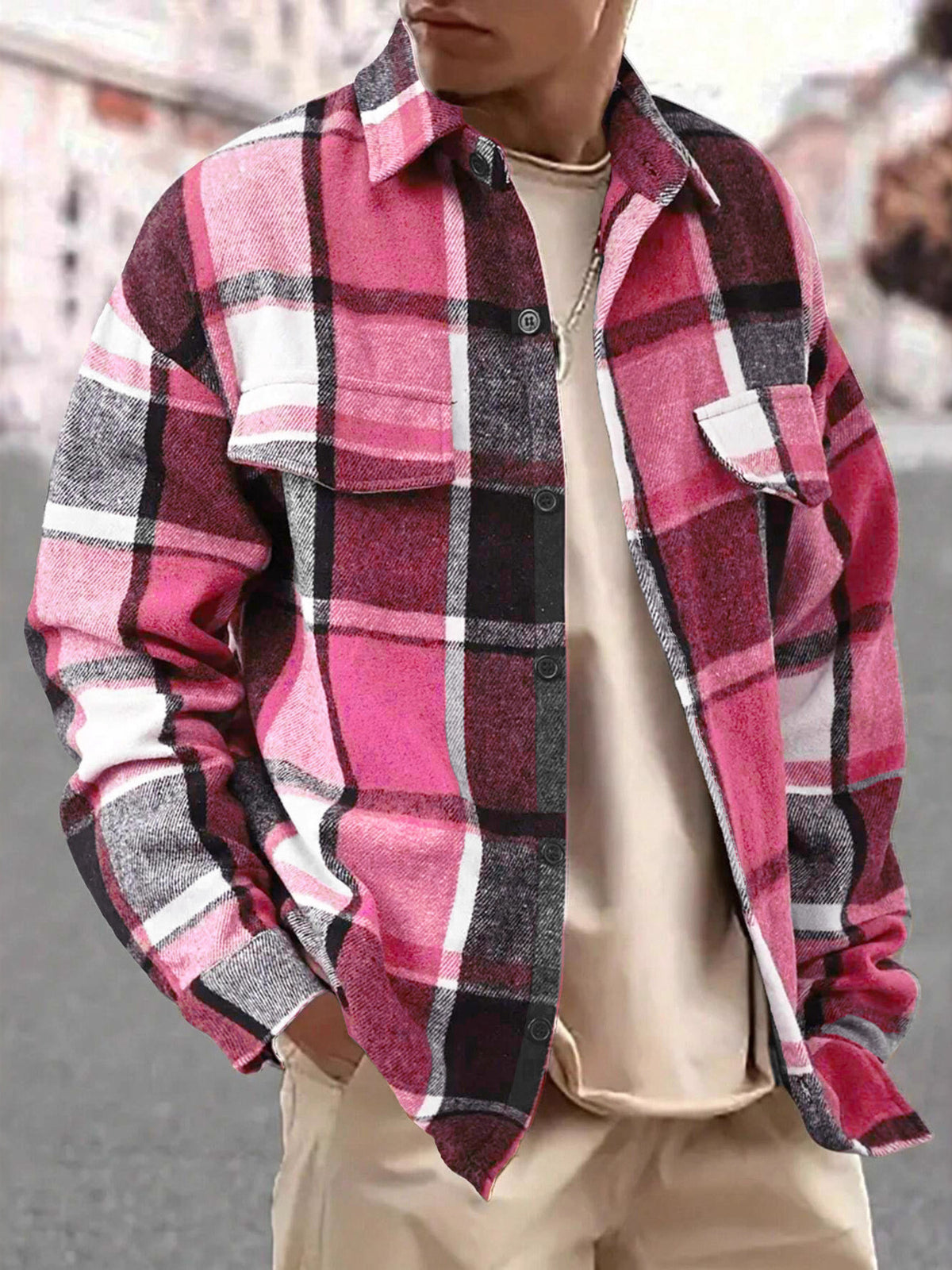 Men's Full Size Casual Plaid Button Up Shirt with Dual Chest Pockets Plus Size - Hot Pink