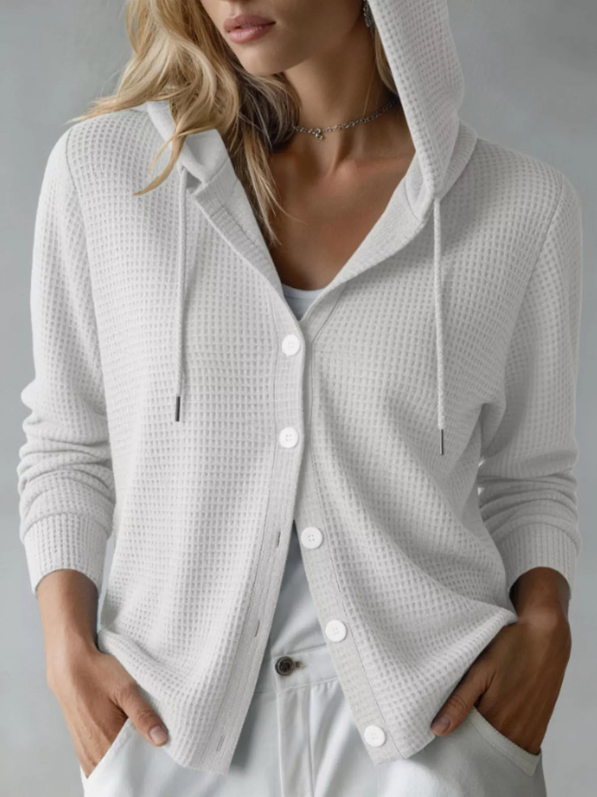 Waffle Knit Button-Down Hooded Cardigan - White