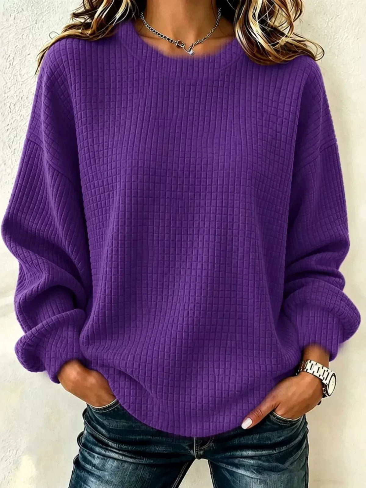 Full Size Waffle Knit Long Sleeve Crew Neck Sweatshirt Plus Size - Purple