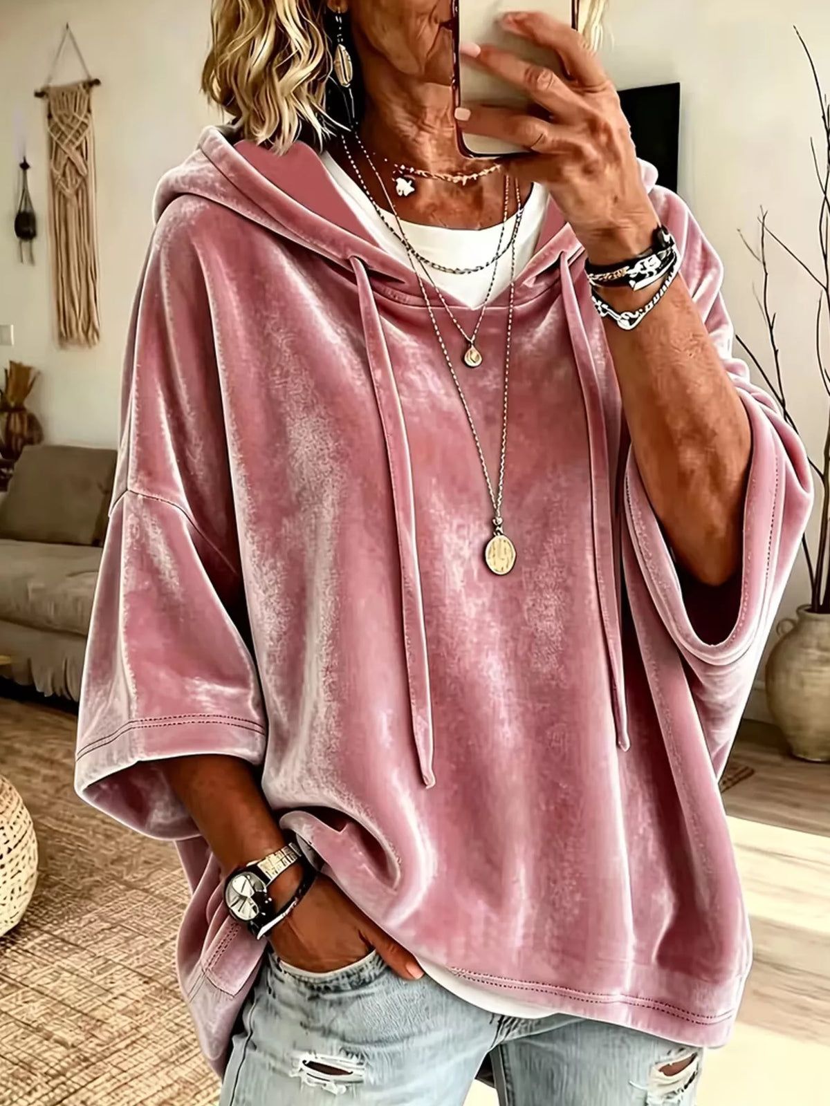 Velvet Loose Fit Hoodie with Drawstring - Pink