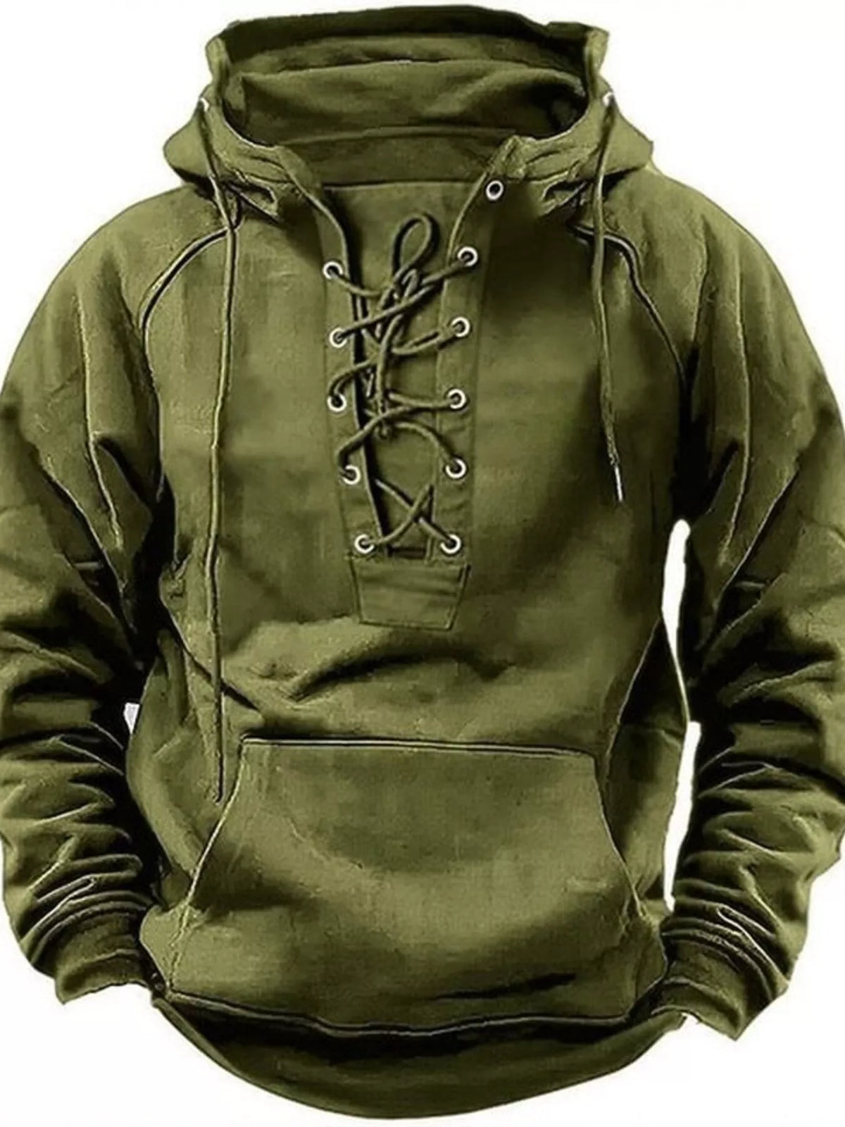 Men's Full Size Lace Up Front Raglan Sleeve Hoodie Plus Size - Military Green
