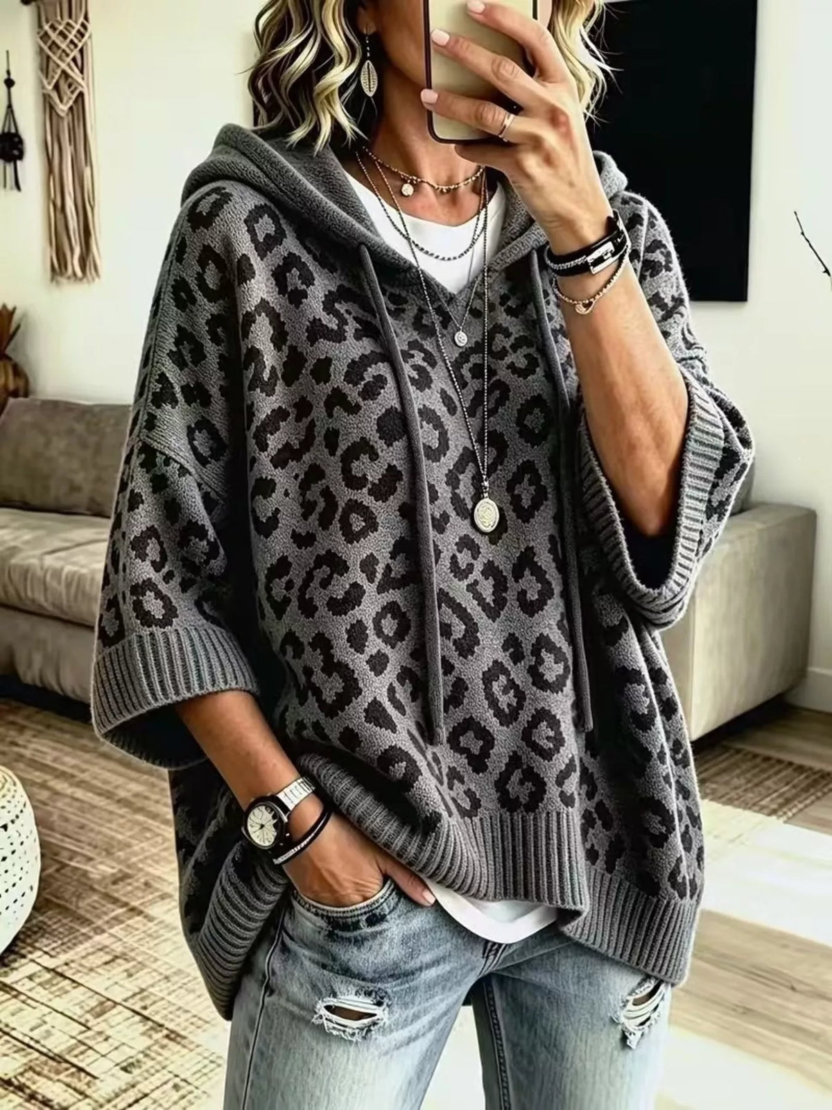Drawstring Leopard Hooded Sweater - Dark Gray