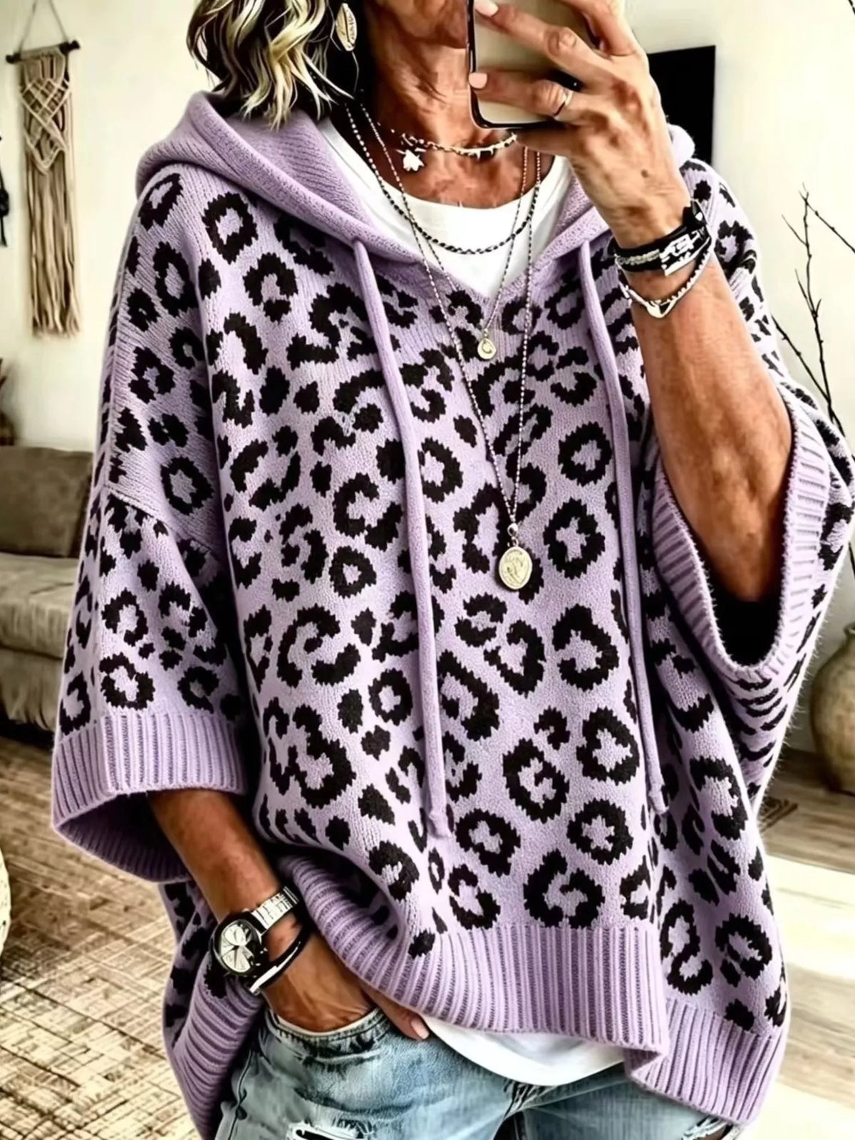 Drawstring Leopard Hooded Sweater - Purple