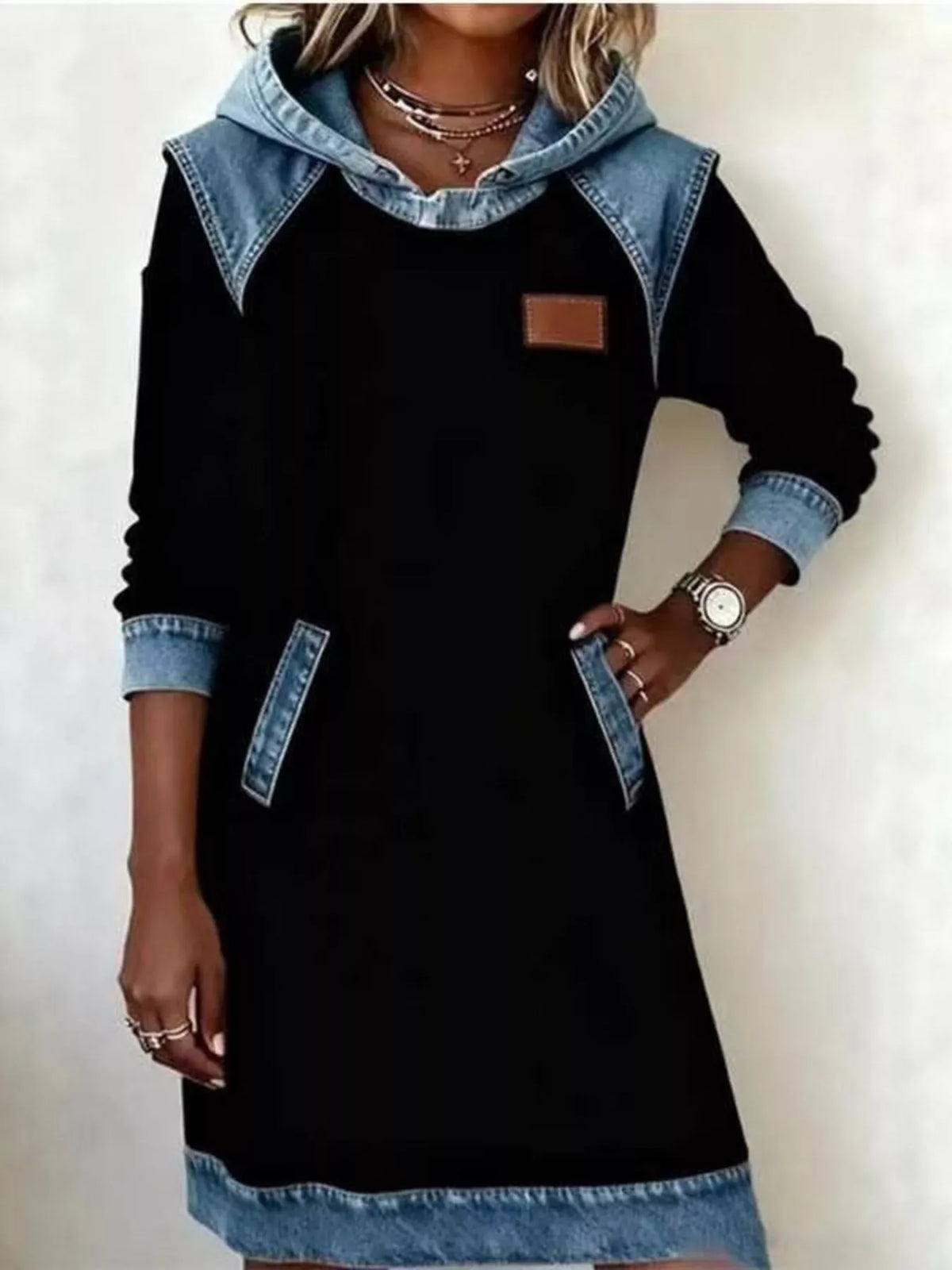 Full Size Denim Patchwork Hooded Sweatshirt Dress Plus Size - Black