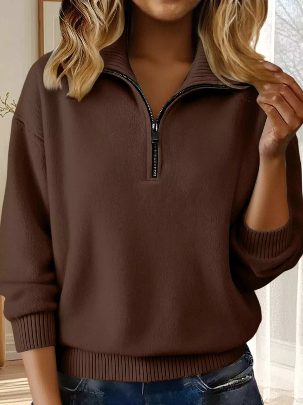 Full Size Half Zip Dropped Shoulder Sweater Plus Size - Brown
