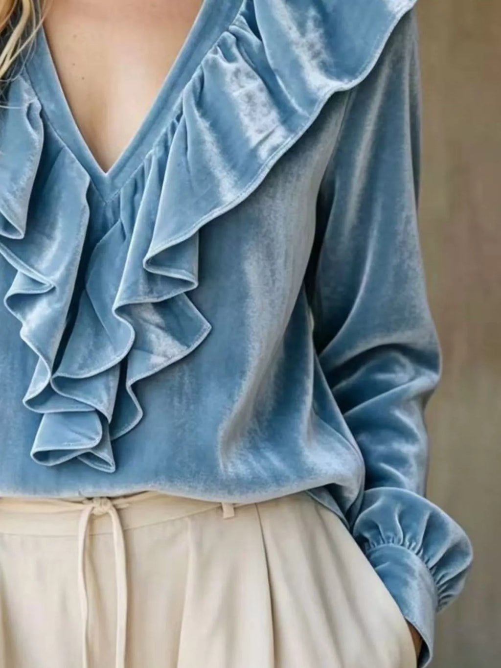 Full Size Velvet Ruffle V-Neck Blouse Plus Size