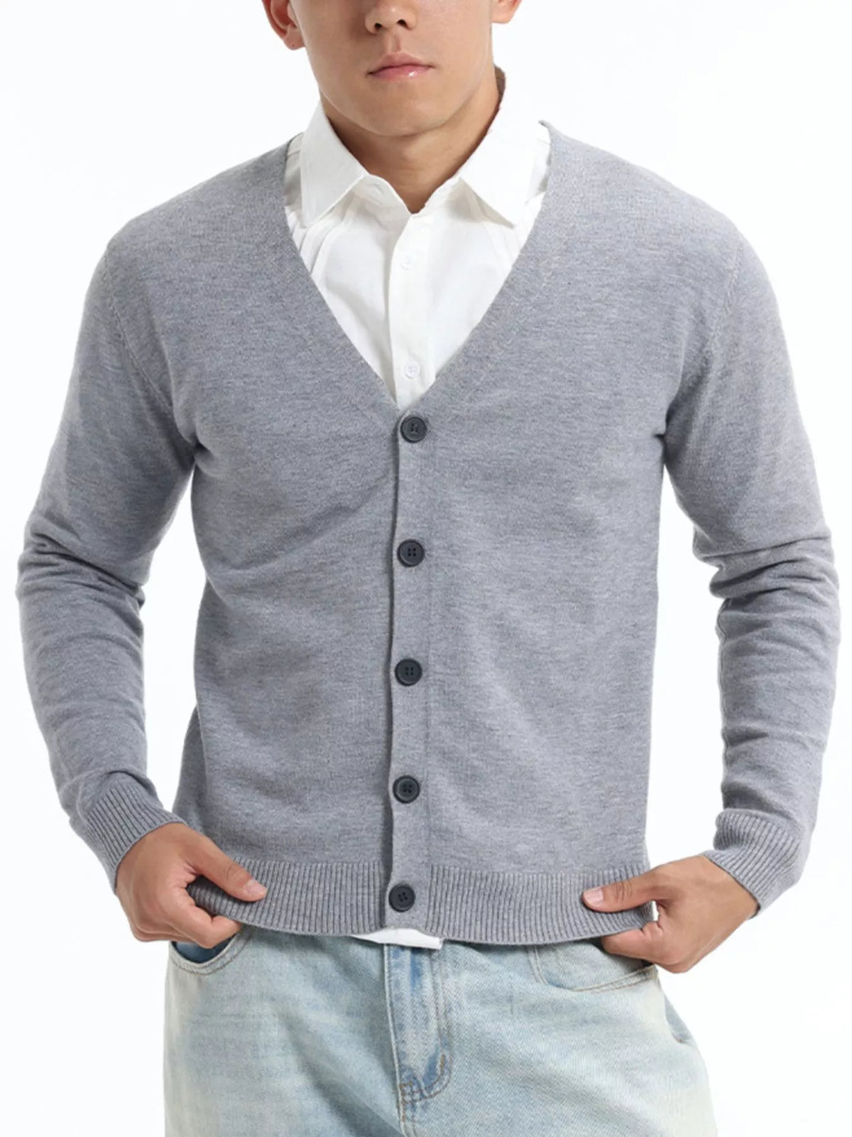 Men's Plus Size Button-Down Knit Cardigan - Flowers Light Gray