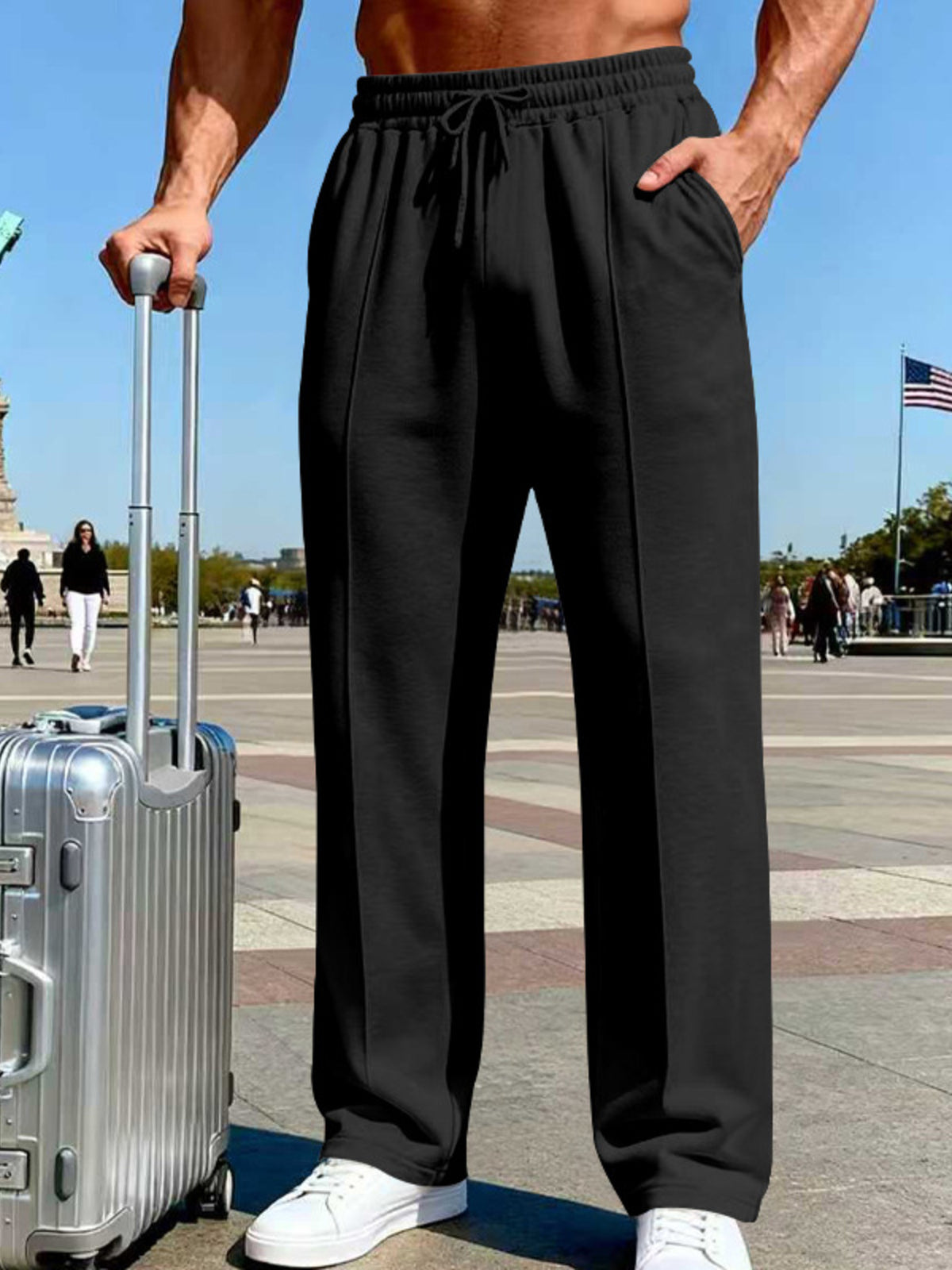 Men's Full Size Drawstring Wide Leg Pants Plus Size - Black
