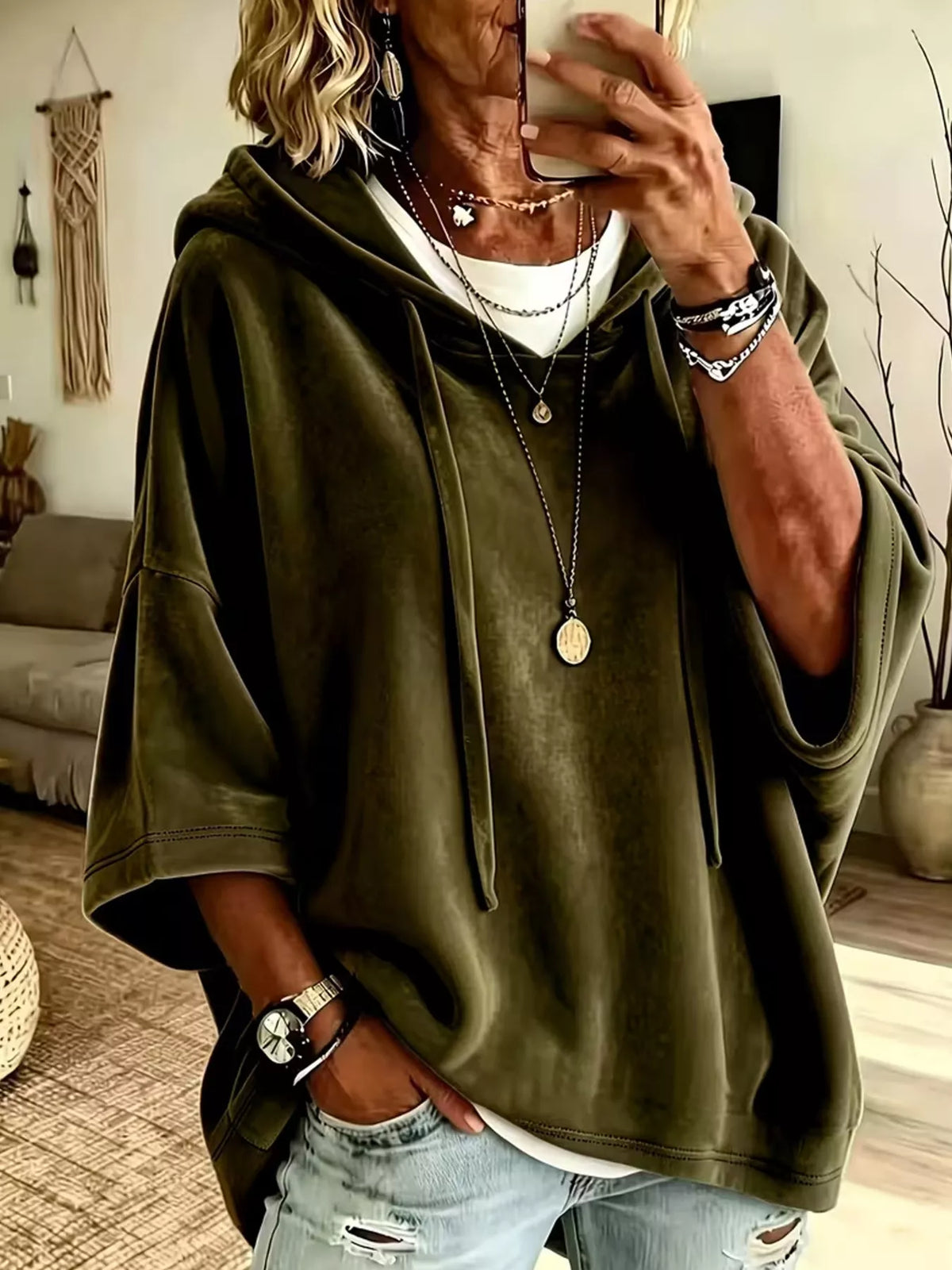 Velvet Loose Fit Hoodie with Drawstring - Army Green