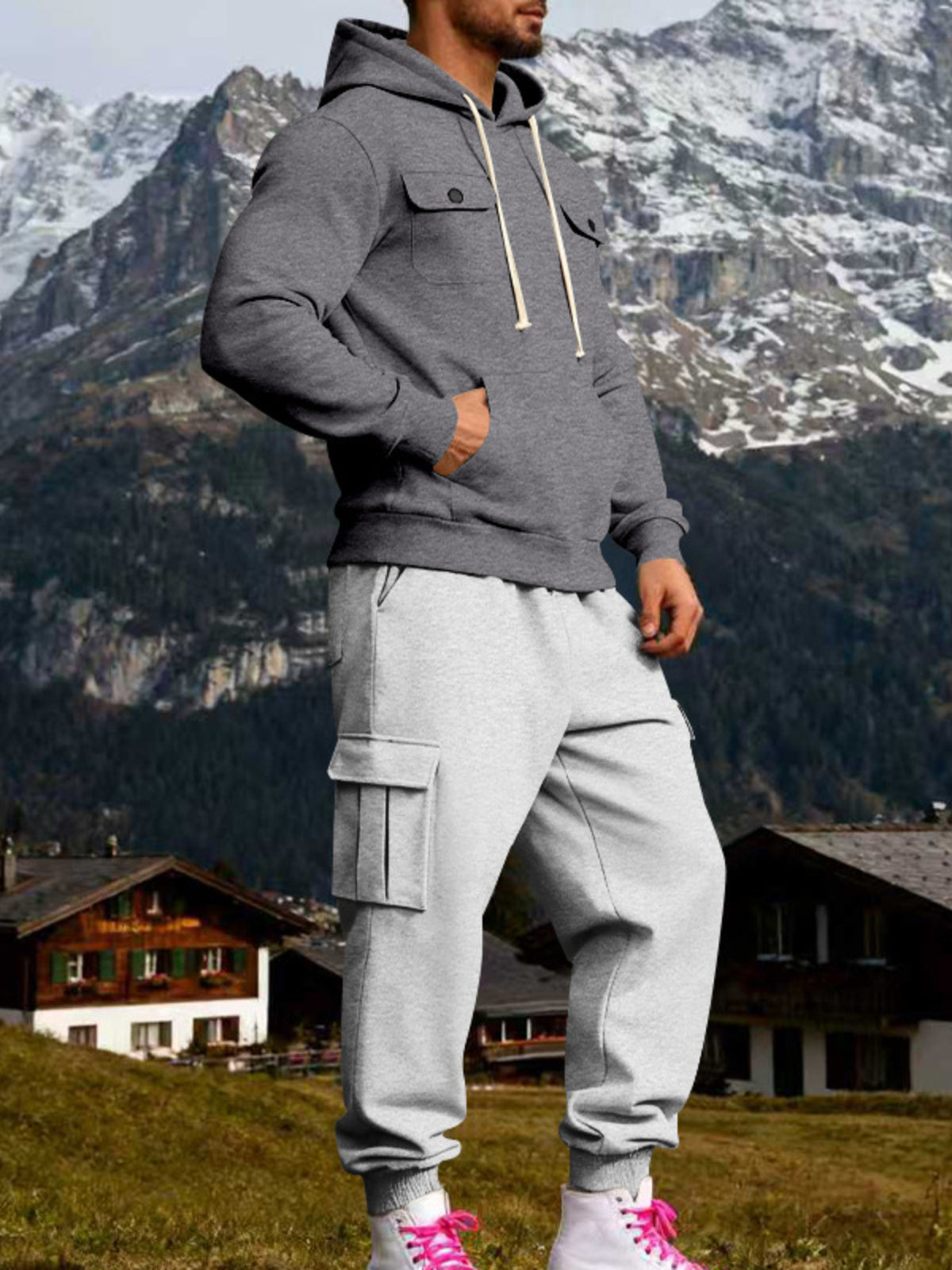 Men's Full Size Kangaroo Pocket Hoodie and Sweatpants Two-Piece Set Plus Size - Dark Gray