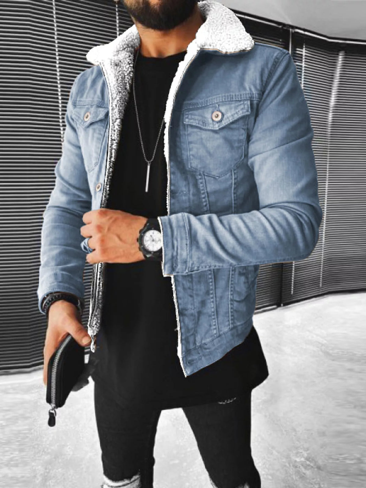 Men's Full Size Sherpa-Lined Denim Jacket Plus Size - Light Blue