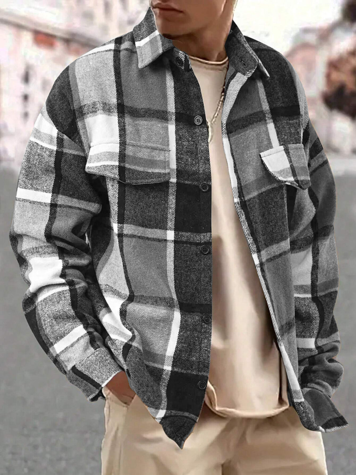 Men's Full Size Casual Plaid Button Up Shirt with Dual Chest Pockets Plus Size - Dark Gray
