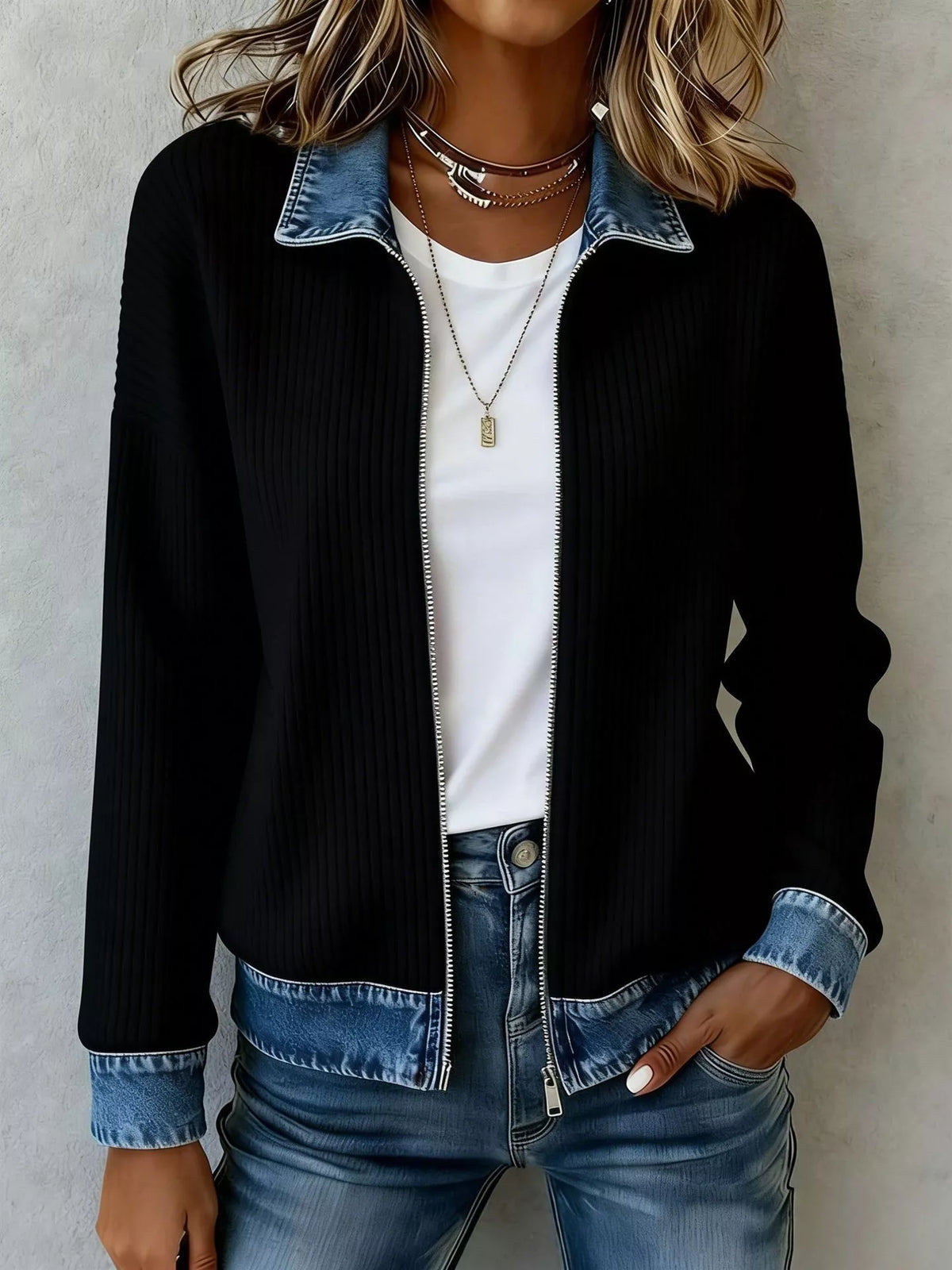 Contrast Denim Collar Ribbed Knit Jacket - Black