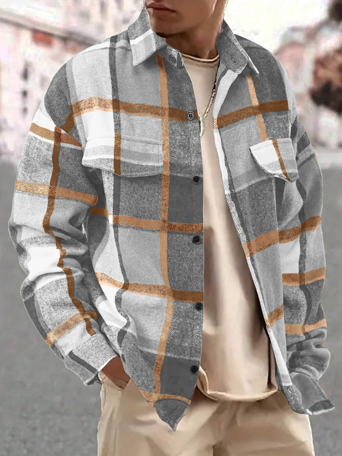 Men's Full Size Casual Plaid Button Up Shirt with Dual Chest Pockets Plus Size - Light Gray