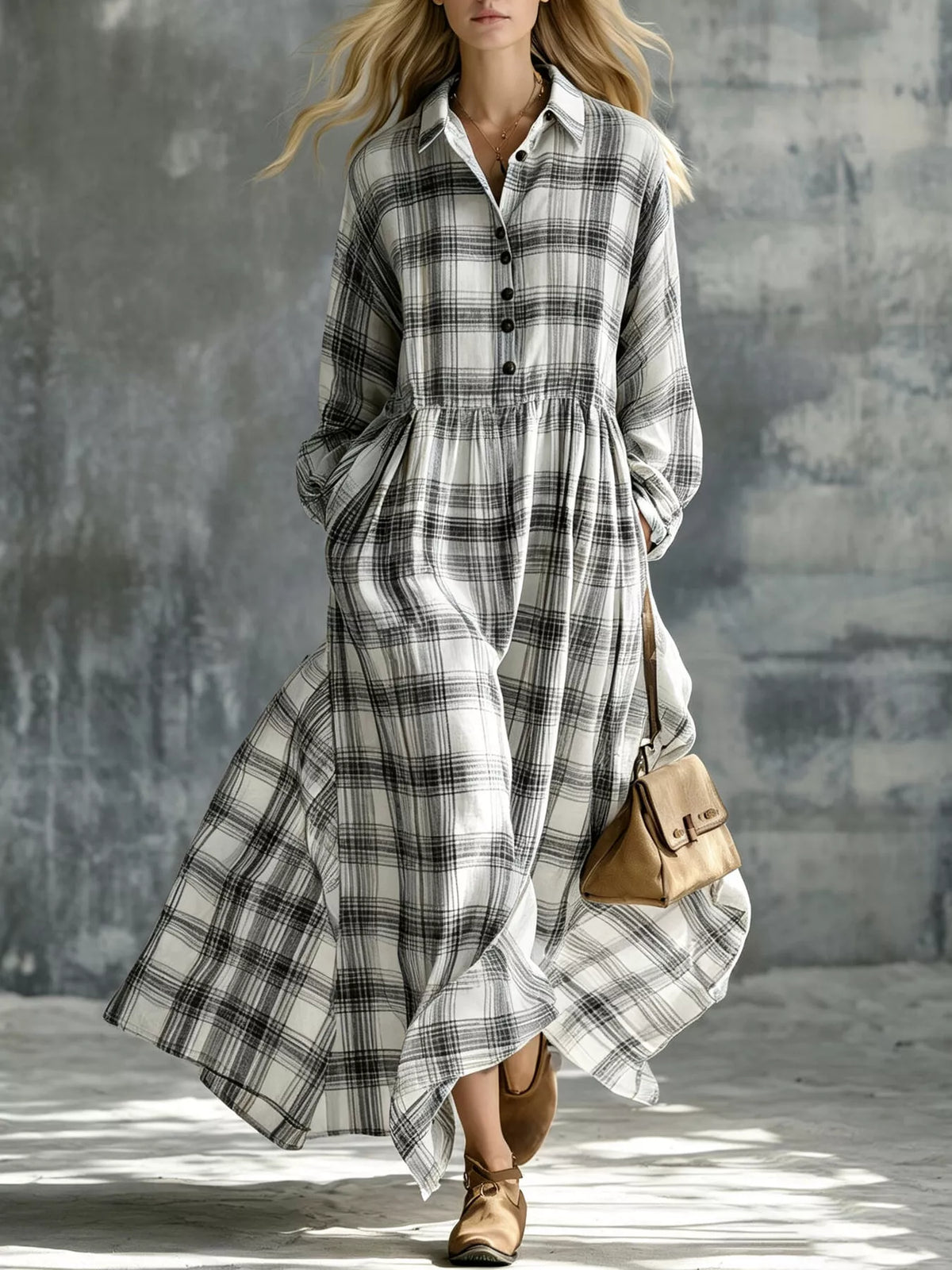 Plaid Button-Down Maxi Shirt Dress - Black