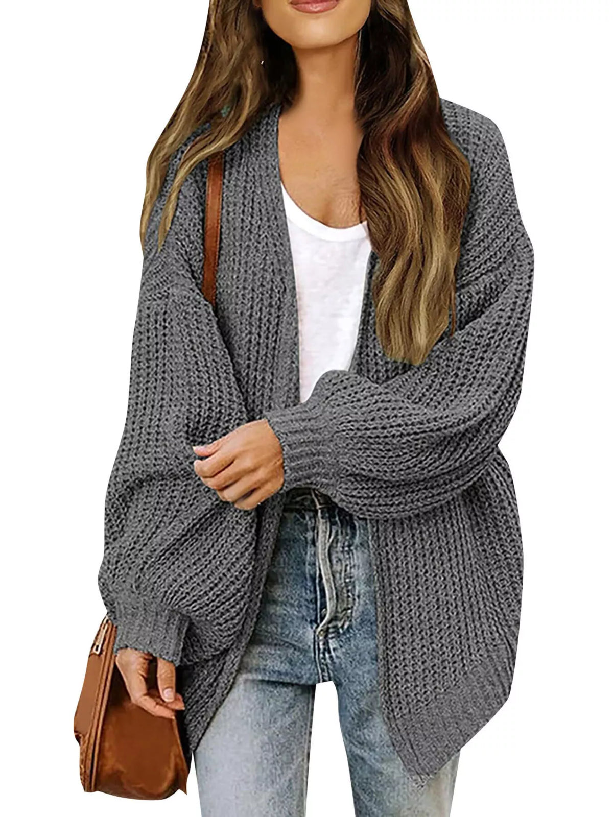 Open-Front Chunky Knit Cardigan - Dark Gray