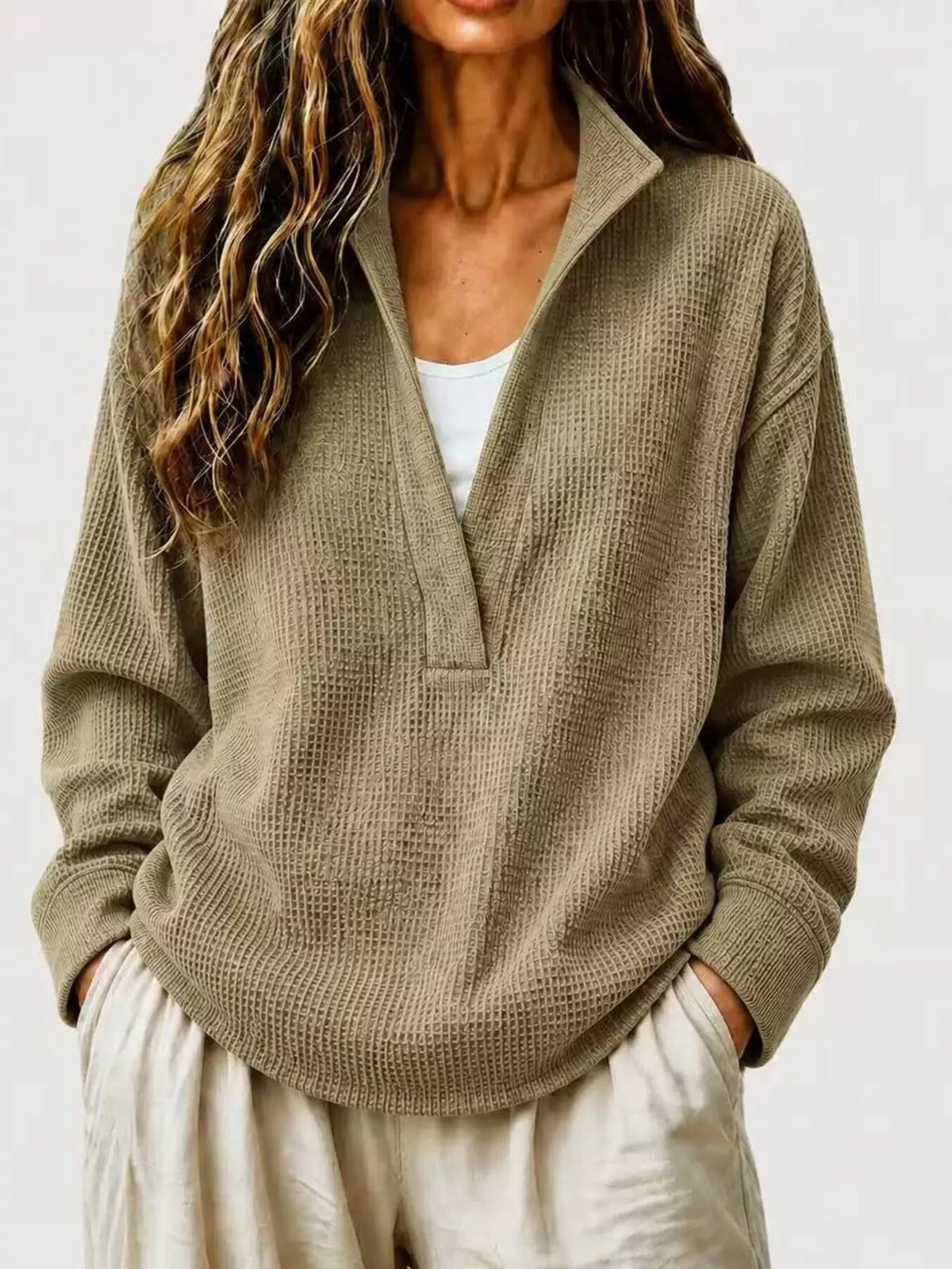 Full Size Waffle Knit Dropped Shoulder Sweatshirt Plus Size - Taupe