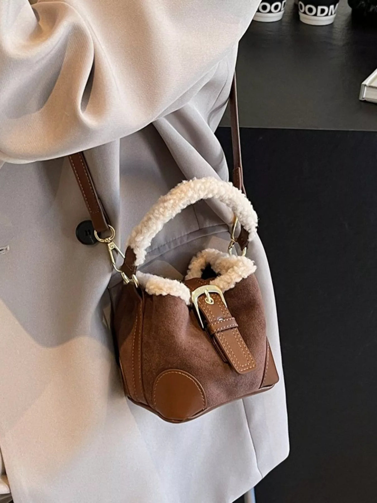 Fuzzy Trim Bucket Crossbody Bag - Coffee Brown