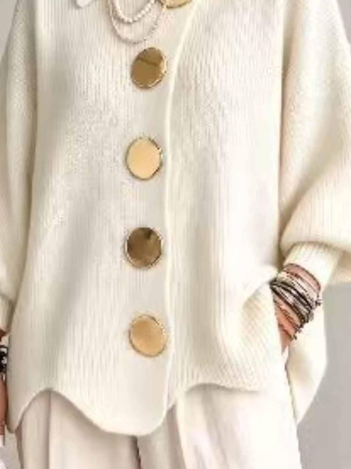 Full Size Gold Buttons Lantern Sleeve Cardigan Plus Size