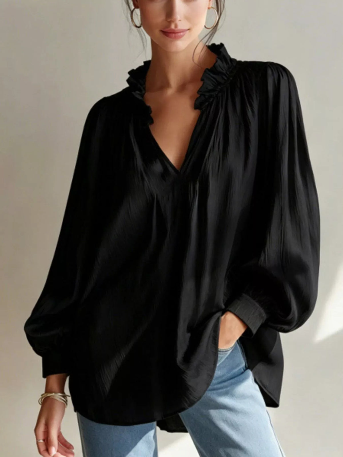 Frill Notched Long Sleeve Blouse - Black