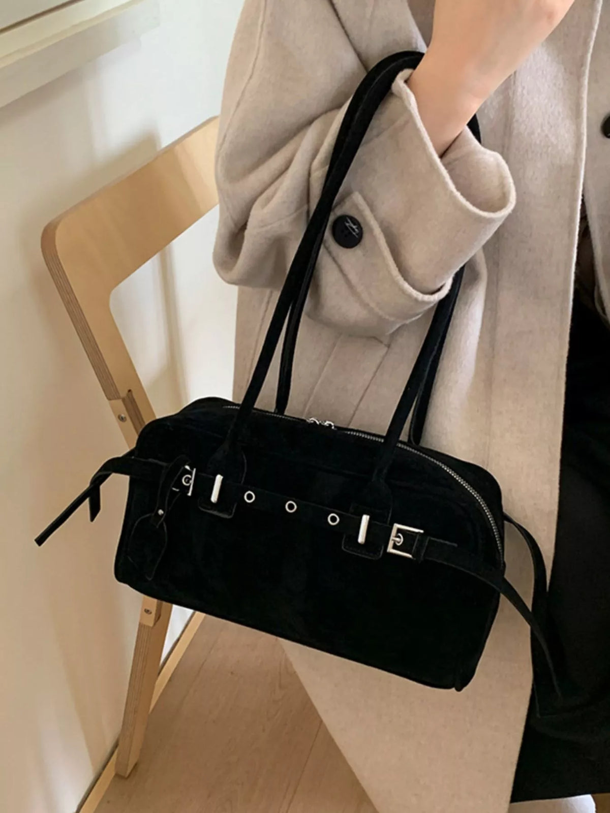 Buckle Decor Shoulder Bag - Black