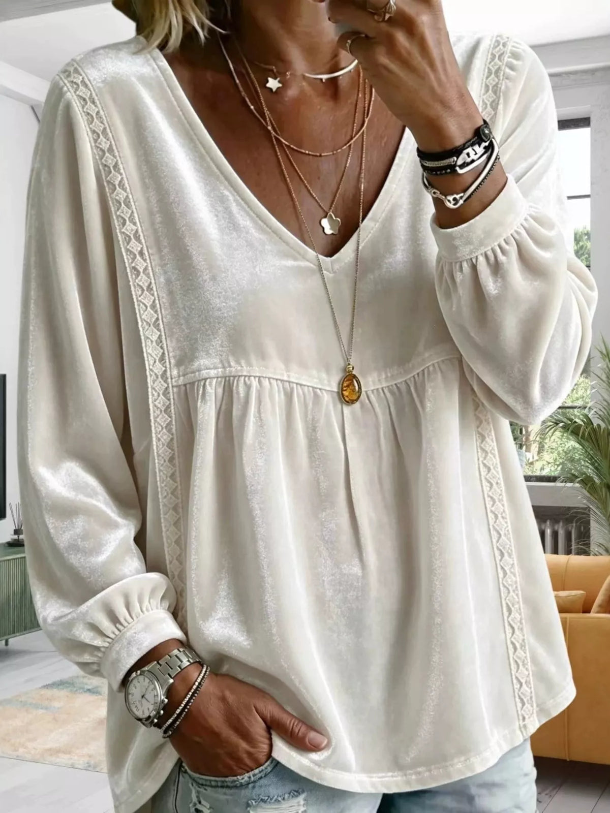 Full Size Velvet Lace Detail V-Neck Blouse Plus Size - White