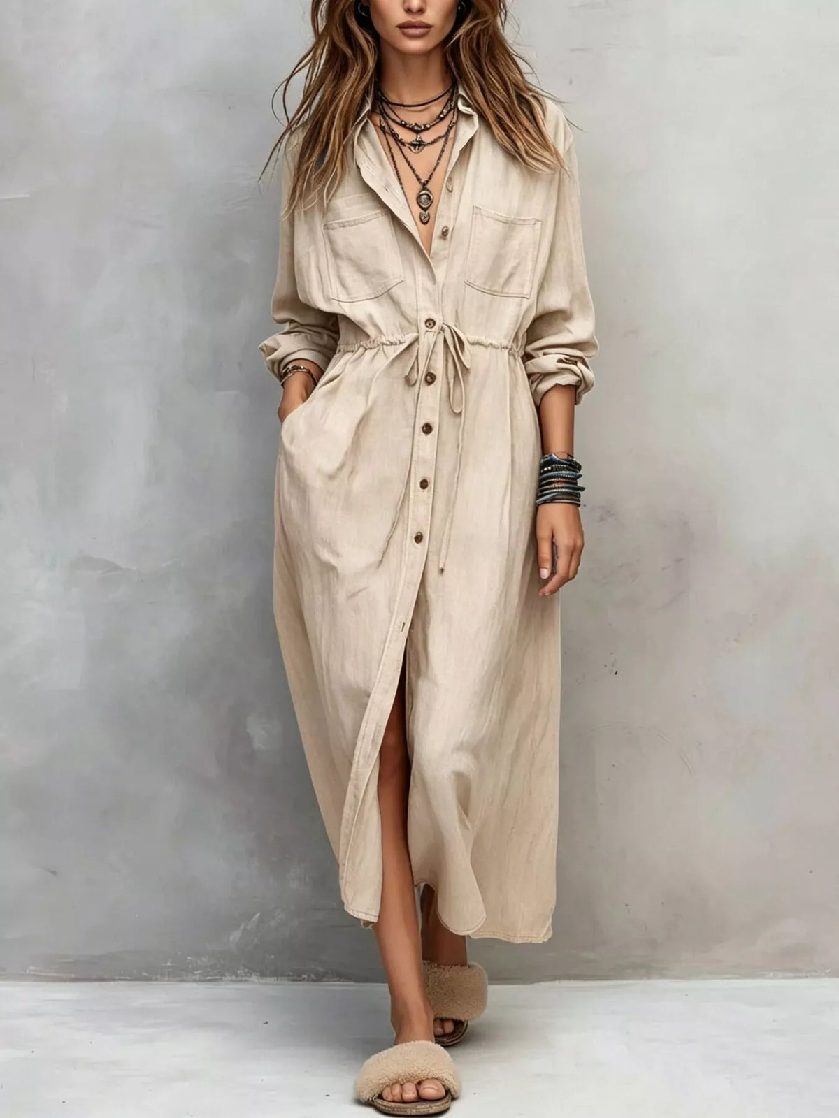 Full Size Button Front Long Sleeve Shirt Dress Plus Size - Beige