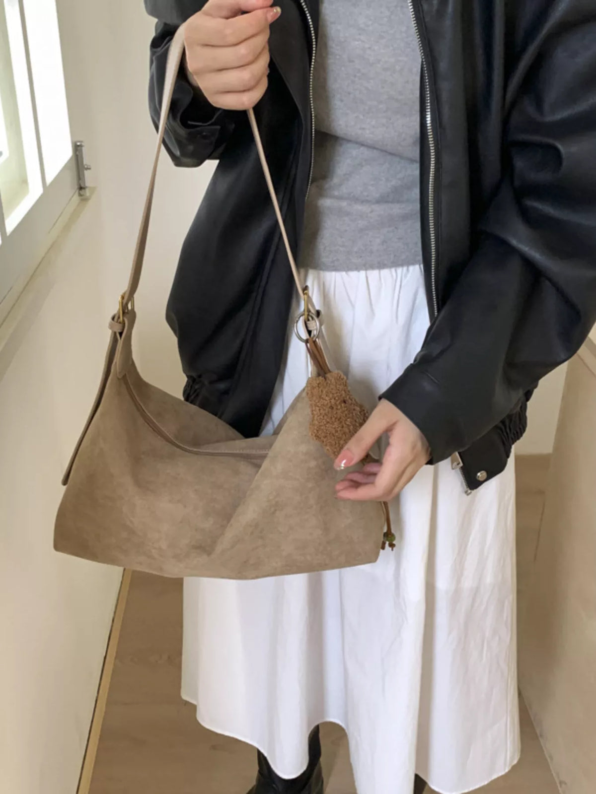 Solid Color Suede Hobo Crossbody Bag - Khaki